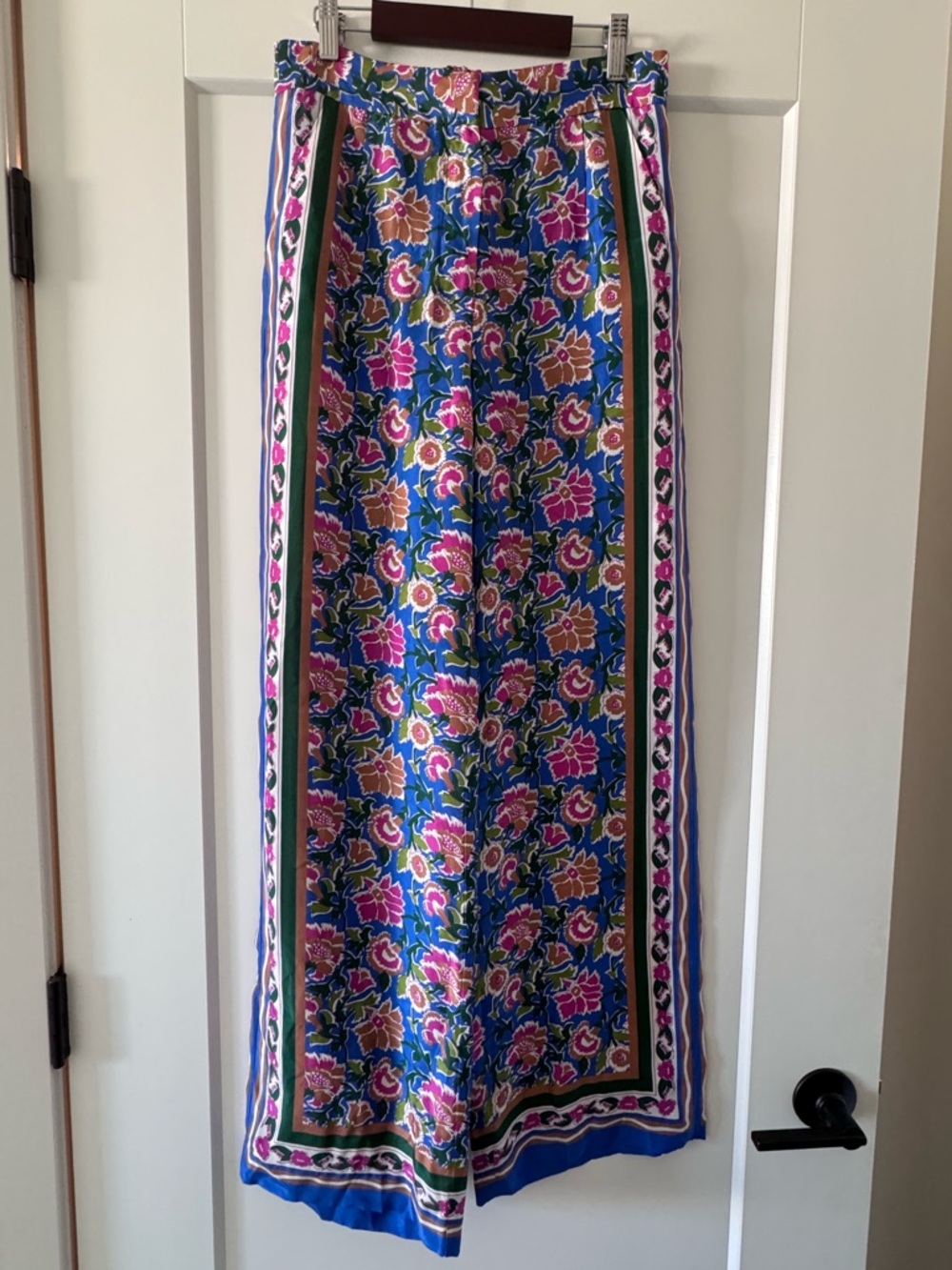 Veronica Beard Blue Floral Straight Leg Pants with Pink and Green Accents